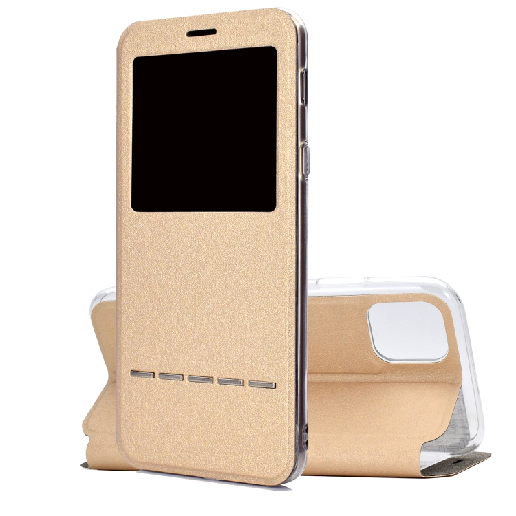 For iPhone 11 Matte Texture Horizontal Flip Bracket Mobile Phone Holster Window with Caller ID and Metal Button Slide To Unlock(Rose Gold) For iPhone 11 Matte Texture Horizontal Flip Bracket Mobile Phone Holster Window with Caller ID and Metal Button Slide To Unlock(Rose Gold)