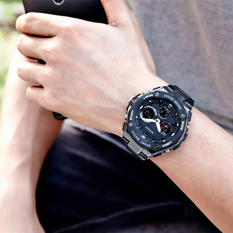 SUNSKY - SANDA783 mannen grote wijzerplaat stalen band waterdicht  elektronisch horloge modetrend dubbele show mannen kijken persoonlijkheid  zakelijk horloge (zwart)