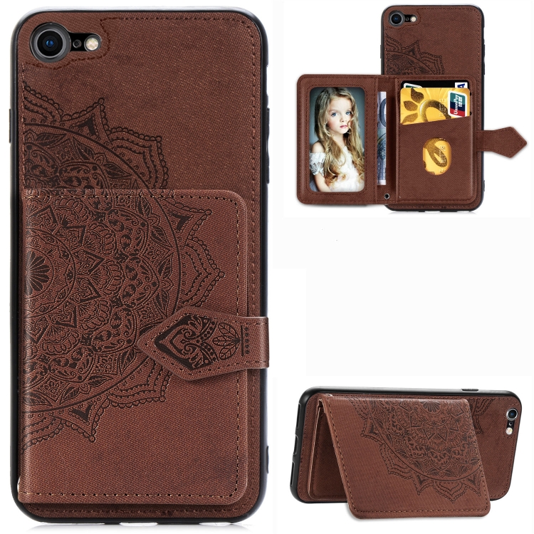 For iPhone SE 2022 / SE 2020 / 8 / 7 Mandala Embossed Magnetic Cloth PU + TPU + PC Case with Holder & Card Slots & Wallet & Photo Frame & Strap(Brown) For iPhone SE 2022 / SE 2020 / 8 / 7 Mandala Embossed Magnetic Cloth PU + TPU + PC Case with Holder & Card Slots & Wallet & Photo Frame & Strap(Brown)