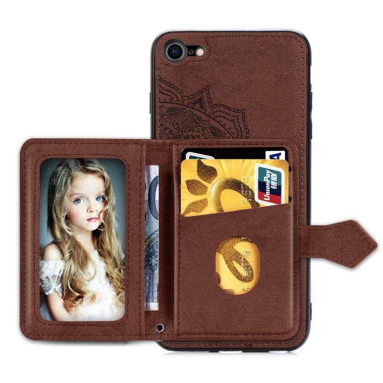 For iPhone SE 2022 / SE 2020 / 8 / 7 Mandala Embossed Magnetic Cloth PU + TPU + PC Case with Holder & Card Slots & Wallet & Photo Frame & Strap(Brown) For iPhone SE 2022 / SE 2020 / 8 / 7 Mandala Embossed Magnetic Cloth PU + TPU + PC Case with Holder & Card Slots & Wallet & Photo Frame & Strap(Brown)
