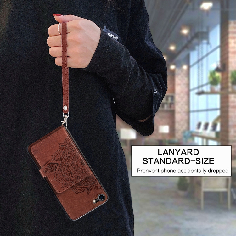 For iPhone SE 2022 / SE 2020 / 8 / 7 Mandala Embossed Magnetic Cloth PU + TPU + PC Case with Holder & Card Slots & Wallet & Photo Frame & Strap(Brown) For iPhone SE 2022 / SE 2020 / 8 / 7 Mandala Embossed Magnetic Cloth PU + TPU + PC Case with Holder & Card Slots & Wallet & Photo Frame & Strap(Brown)