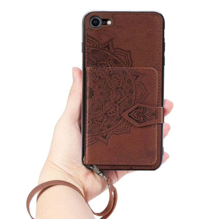 For iPhone SE 2022 / SE 2020 / 8 / 7 Mandala Embossed Magnetic Cloth PU + TPU + PC Case with Holder & Card Slots & Wallet & Photo Frame & Strap(Brown) For iPhone SE 2022 / SE 2020 / 8 / 7 Mandala Embossed Magnetic Cloth PU + TPU + PC Case with Holder & Card Slots & Wallet & Photo Frame & Strap(Brown)