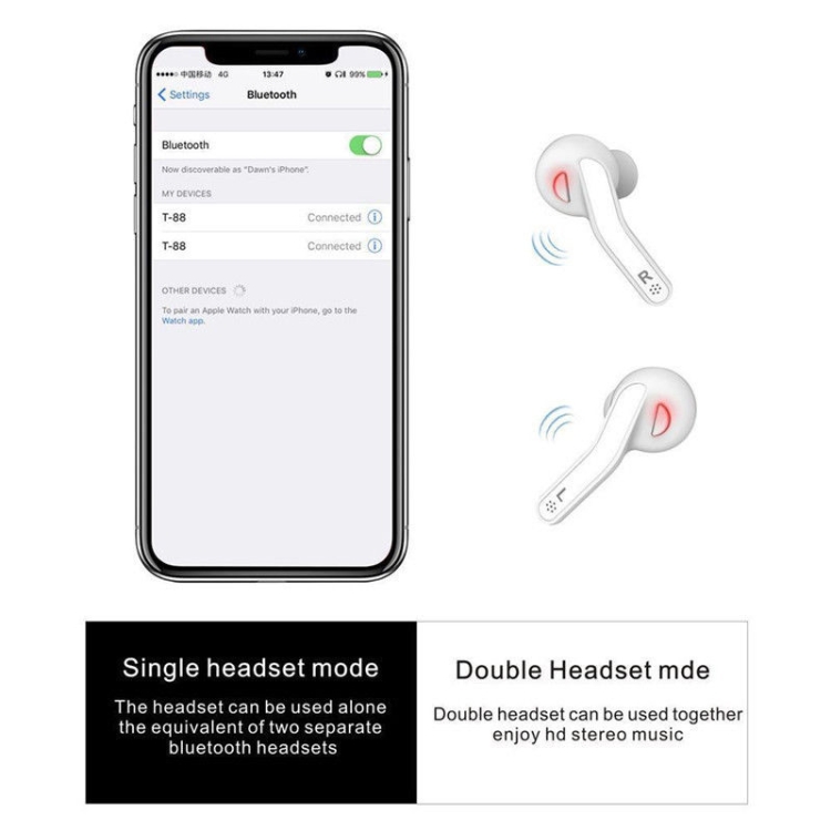 T88 Mini Touch Control Hifi Wireless Bluetooth Earphones TWS Wireless Earbuds with Charger Box(White) T88 Mini Touch Control Hifi Wireless Bluetooth Earphones TWS Wireless Earbuds with Charger Box(White)