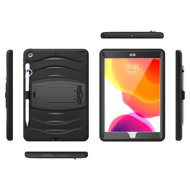 For iPad 10.2 2019 360 Degree Rotation PC + Silicone Protective Case with Holder & Hand-strap(Black)