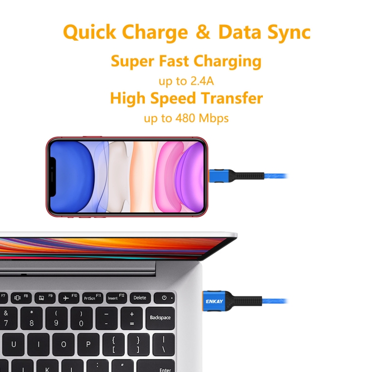 ENKAY ENK-CB203 Cloth Weaving Thread USB to 8 Pin Data Transfer Charging Cable(Blue) ENKAY ENK-CB203 Cloth Weaving Thread USB to 8 Pin Data Transfer Charging Cable(Blue)