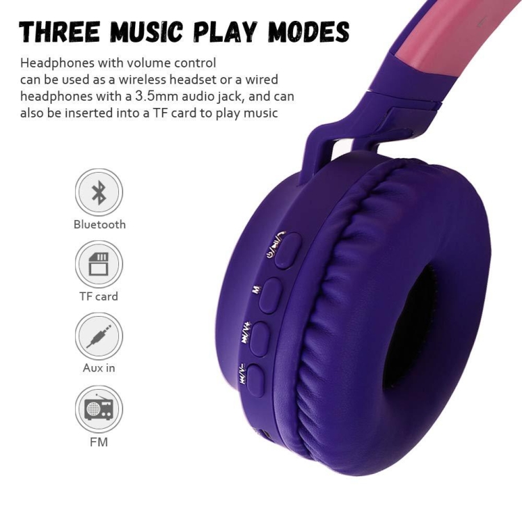 BT028C Cute Cat Ear Bluetooth 5.0 Headphones Foldable On-Ear Stereo  Wireless Headset Headphone with Mic / LED Light / FM Radio / TF Card(Green)