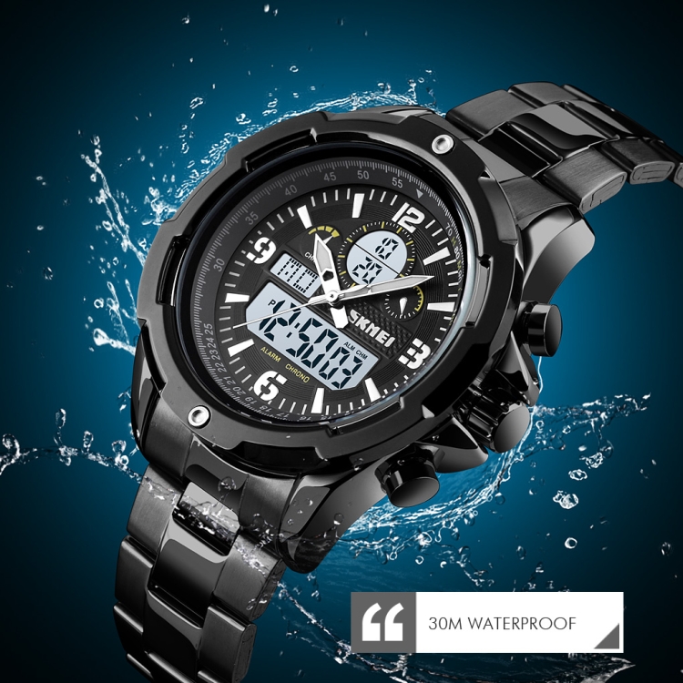 Skmei 1499 Men Wristwatch Multi Function Fashion Sports Steel Band Luminous Double Display Watch(Black) - 8