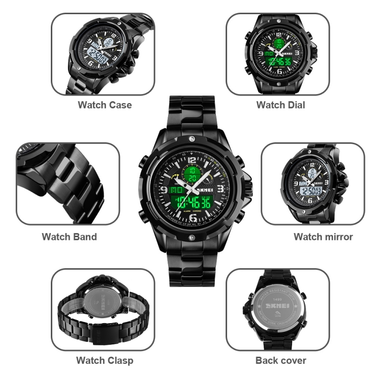 Skmei 1499 Men Wristwatch Multi Function Fashion Sports Steel Band Luminous Double Display Watch(Black) - 9