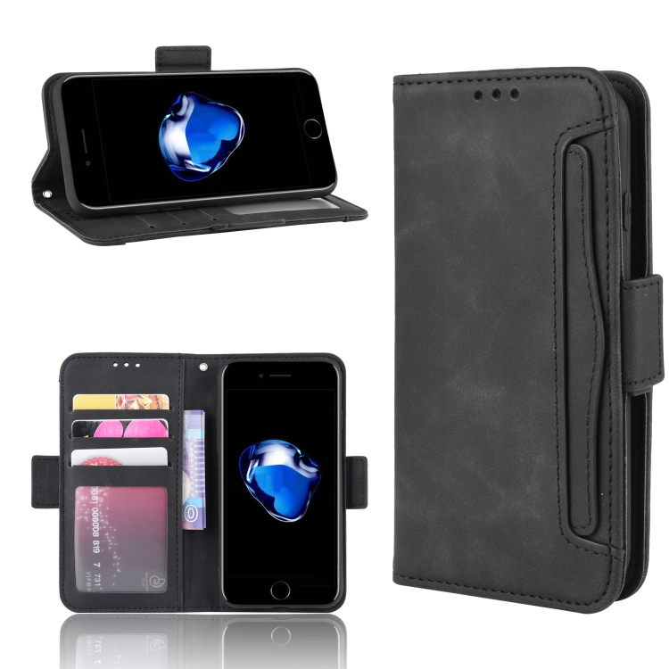 For iPhone SE 2022 / SE 2020 Wallet Style Skin Feel Calf Pattern Leather Case ，with Separate Card Slot(Black)