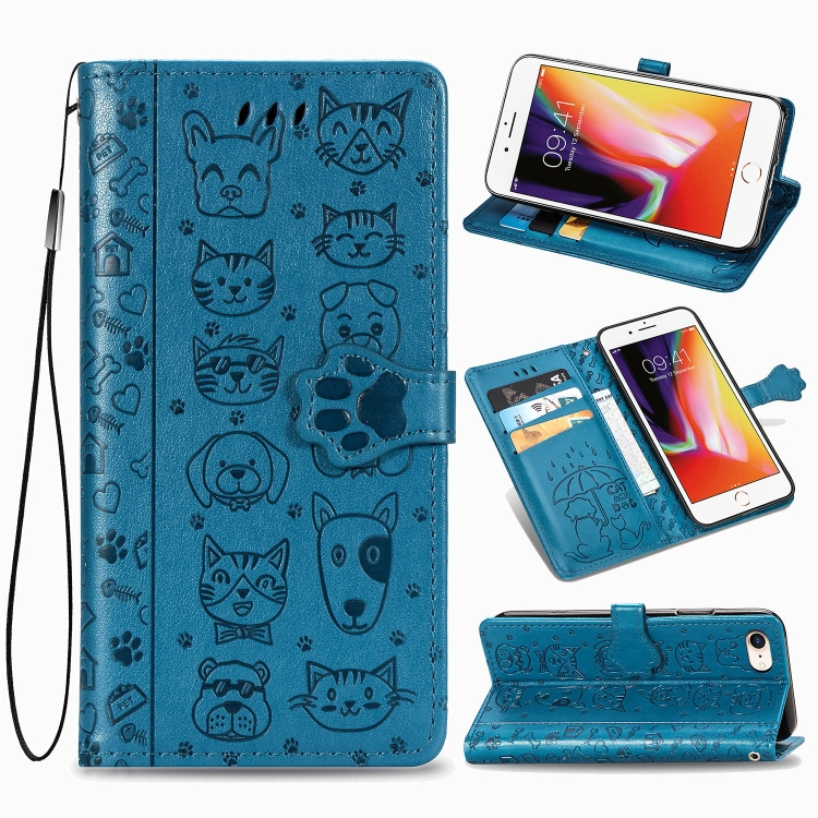 For iPhone SE 2022 / SE 2020 Cute Cat and Dog Embossed Horizontal Flip Leather Case with Bracket / Card Slot / Wallet / Lanyard(Blue) For iPhone SE 2022 / SE 2020 Cute Cat and Dog Embossed Horizontal Flip Leather Case with Bracket / Card Slot / Wallet / Lanyard(Blue)