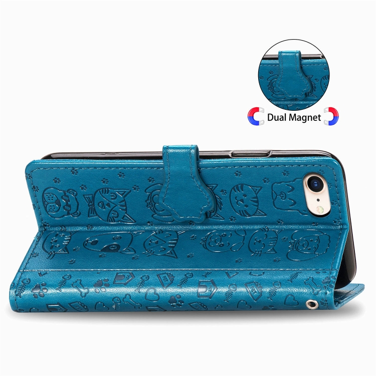 For iPhone SE 2022 / SE 2020 Cute Cat and Dog Embossed Horizontal Flip Leather Case with Bracket / Card Slot / Wallet / Lanyard(Blue) For iPhone SE 2022 / SE 2020 Cute Cat and Dog Embossed Horizontal Flip Leather Case with Bracket / Card Slot / Wallet / Lanyard(Blue)