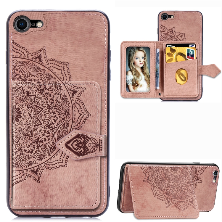 For iPhone SE 2022 / SE 2020 Mandala Embossed Magnetic Cloth PU + TPU + PC Case with Holder & Card Slots & Wallet & Photo Frame & Strap(Rose Gold) For iPhone SE 2022 / SE 2020 Mandala Embossed Magnetic Cloth PU + TPU + PC Case with Holder & Card Slots & Wallet & Photo Frame & Strap(Rose Gold)