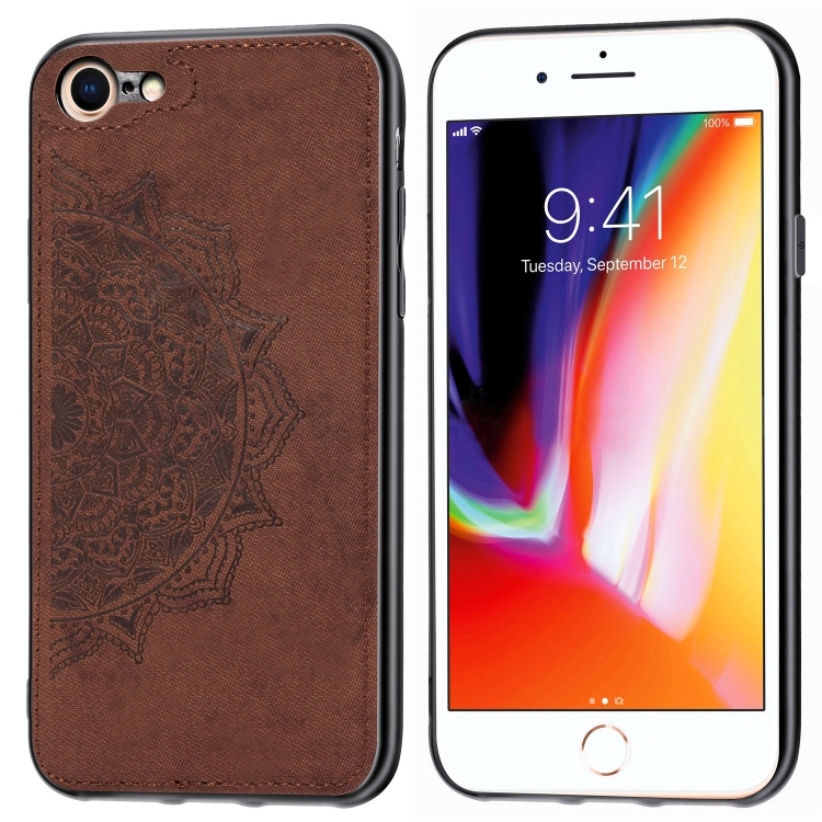 For iPhone SE 2022 / SE 2020 Mandala Embossed Cloth Cover PC + TPU Mobile Phone Case with Magnetic Function and Hand Strap(Brown) For iPhone SE 2022 / SE 2020 Mandala Embossed Cloth Cover PC + TPU Mobile Phone Case with Magnetic Function and Hand Strap(Brown)