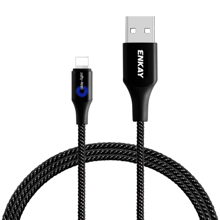 ENKAY ENK-CB204 2.4A USB to 8 Pin Nylon Weaving Data Transfer Charging Cable with Intelligent Light, Length: 1m(Black) ENKAY ENK-CB204 2.4A USB to 8 Pin Nylon Weaving Data Transfer Charging Cable with Intelligent Light, Length: 1m(Black)