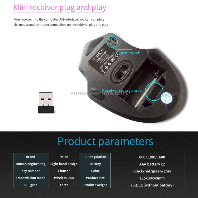 iMICE 2.4GHz 2000DPI Receptor USB 3.0 ajustable Ratón de computadora óptico - 7