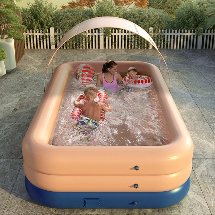 LOSIBUDSA Inflatable Swimming Pool with Sunshade Wireless Three-Layer Rectangular Automatic Inflation PVC Swim Center Set for Backyard Garden 