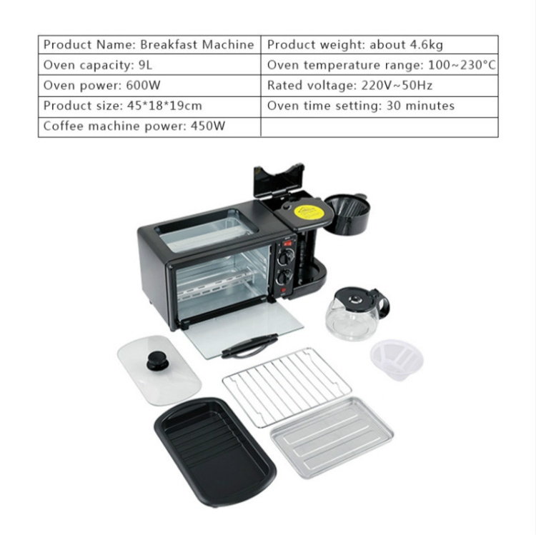 3 In 1 Multi Function Breakfast Maker Machine 220V 1250W With Electric Oven  Drip Coffee Maker Frying Tray Tea Pot Home Appliance