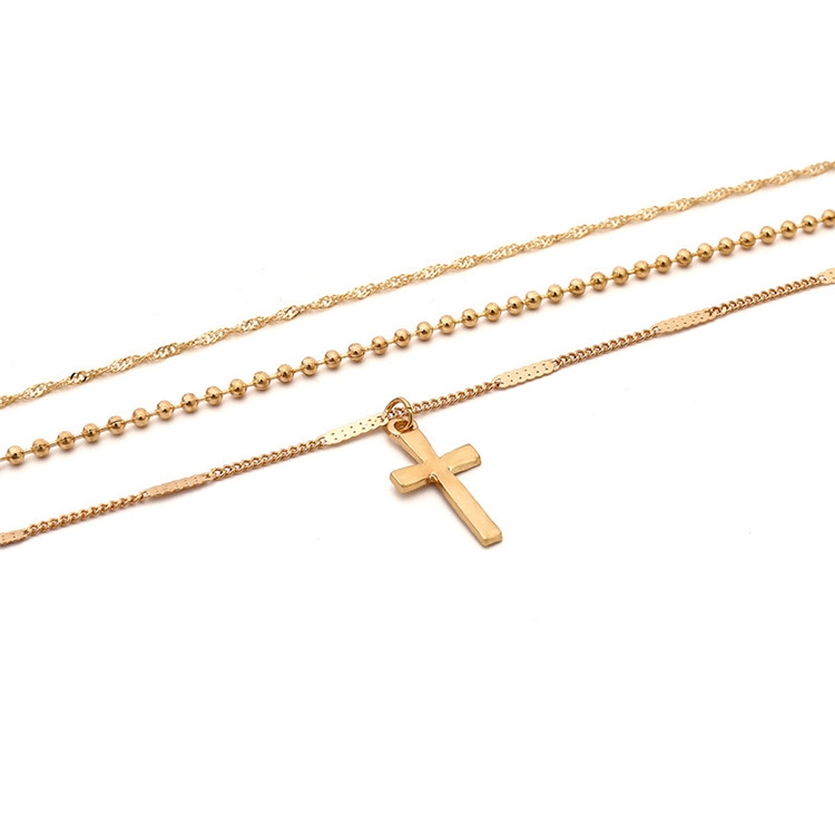 Collar con colgante de cruz de múltiples cadenas hecho a mano para mujer (oro) - B2