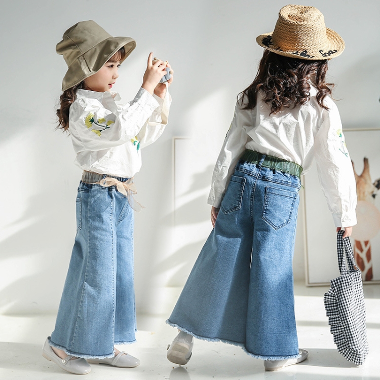 Осенняя одежда в стиле ретро Брюки-клеш Джинсы широкие брюки для девочек,рост: размер 9 для (105-110 см) (синий)
