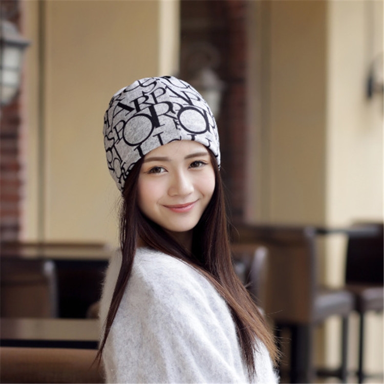 Women Letter Pattern Multipurpose Turban Cap Chemotherapy Cap(Black Letters  On Gray Background)