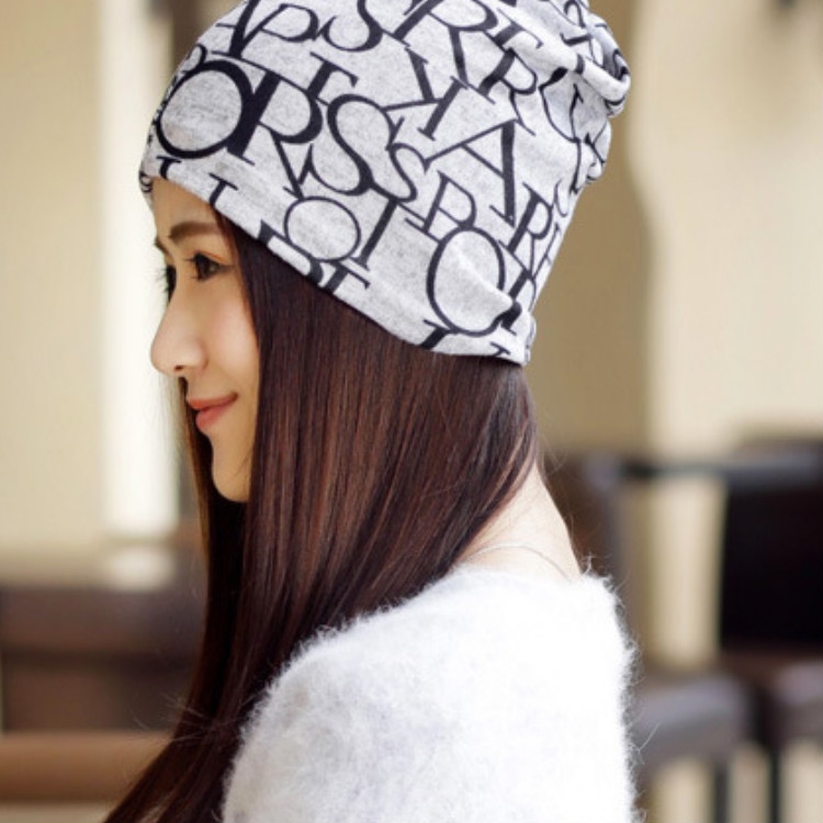 Women Letter Pattern Multipurpose Turban Cap Chemotherapy Cap(Black Letters  On Gray Background)