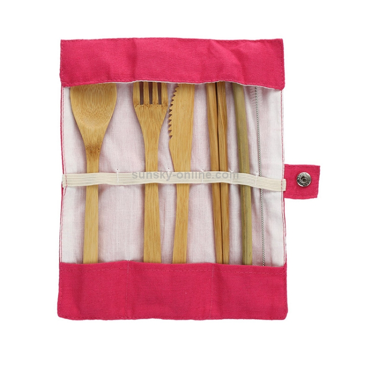 Set di stoviglie creative da viaggio in paglia di bambù, coltelli, forchetta,  cucchiaio, bacchette con borsa di stoffa (rosa)