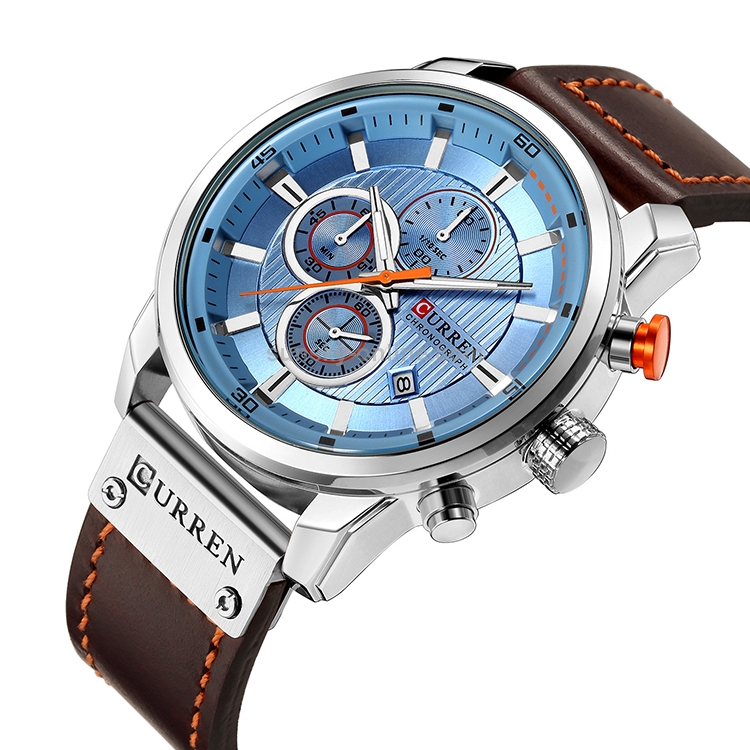 CURREN M8291 Chronograph Watches Casual Leather Watch for Men White case blue face