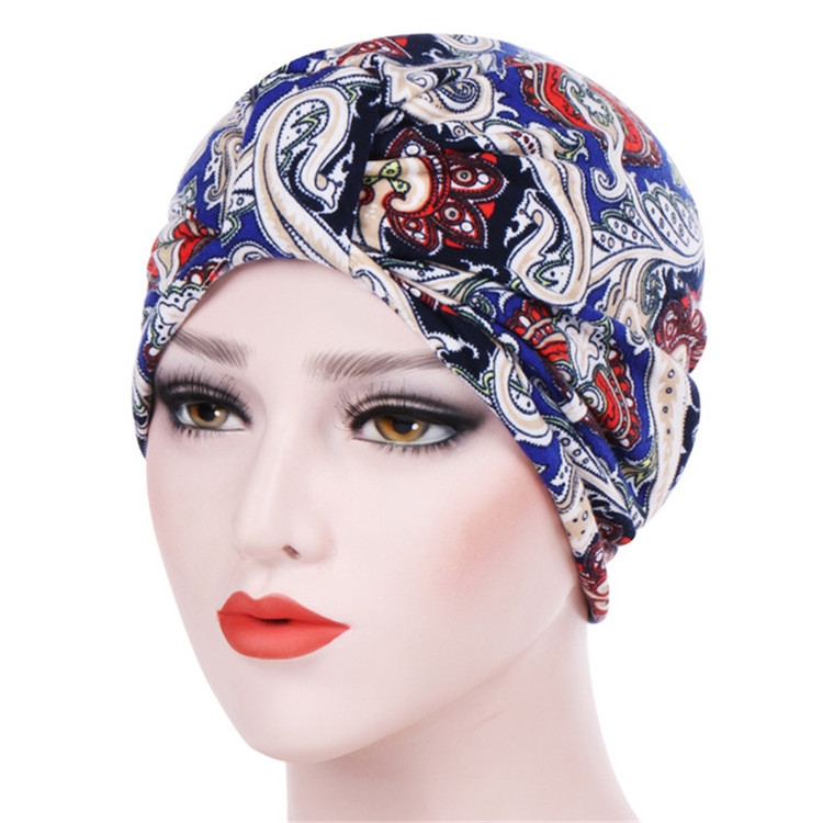 Women Floral Cotton Turban Hat Wrap Cap, Size: M（56-58cm）(Royal Blue Cashew  Flower)