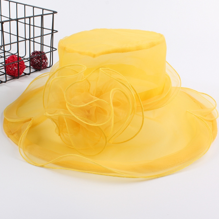 Women Spring and Summer Wide-brim Organza Hat Beach Folding Sun Hat(Yellow)