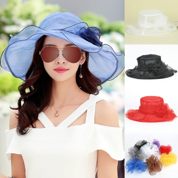 Women Spring and Summer Wide-brim Organza Hat Beach Folding Sun Hat(Red)