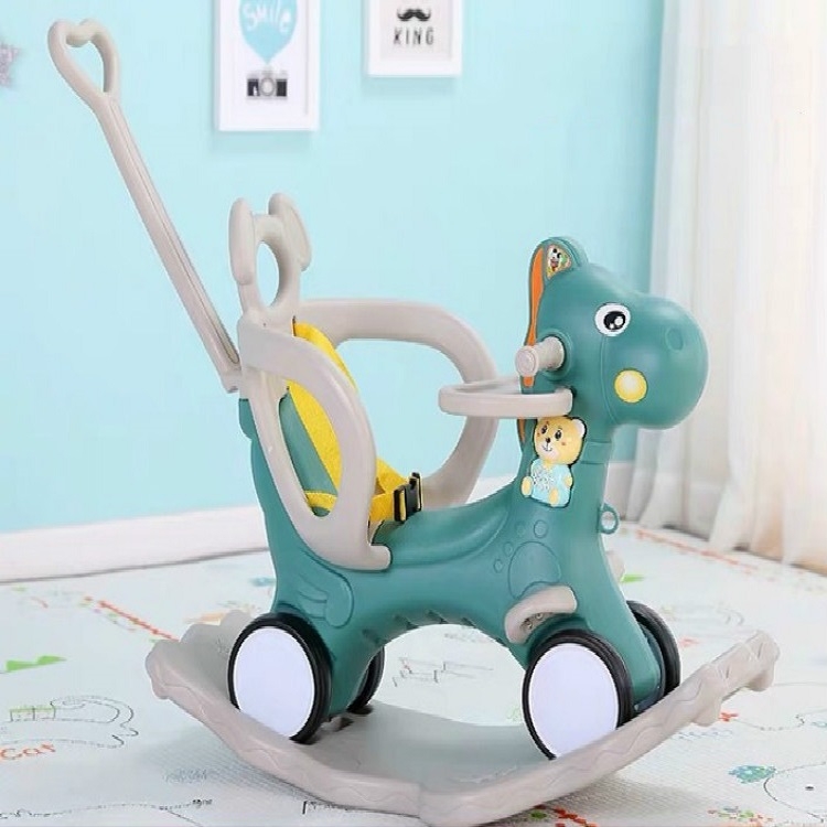 Chaise à bascule bébé cheval à bascule en bois tour musical  multifonctionnel sur jouets (vert avec assiette à dîner)
