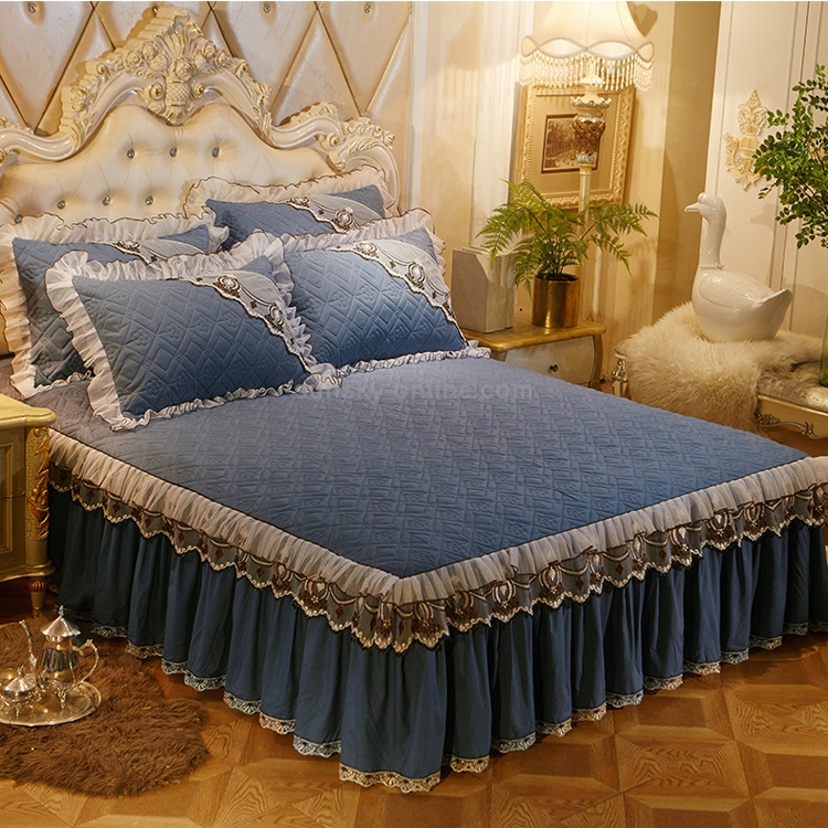 Gonna da letto di lusso in cotone spesso con set di biancheria da letto  antiscivolo con bordo in pizzo, dimensioni: 1,8x2,2m (4 pezzi) (verde)