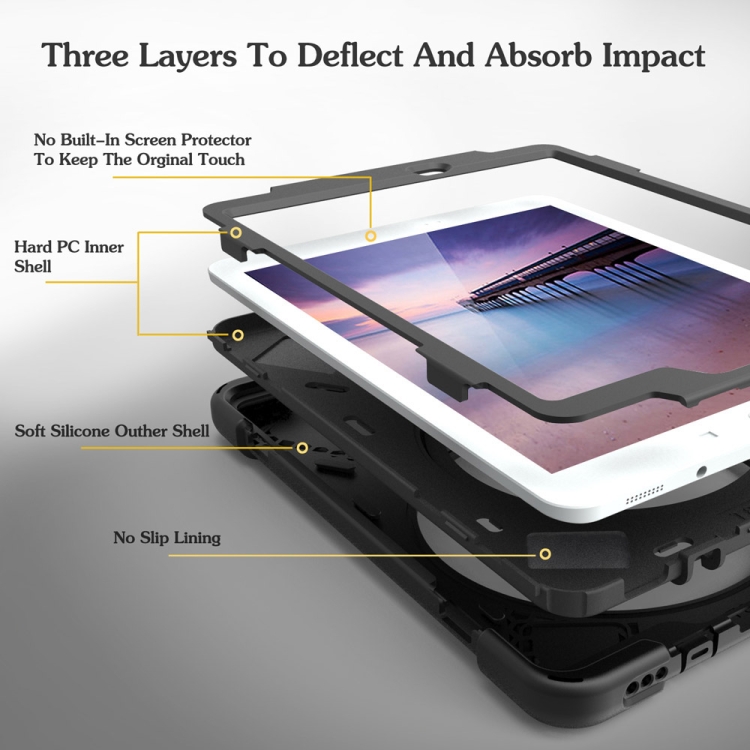 360 Degree Rotation Silicone Protective Cover with Holder and Hand Strap and Long Strap for iPad 6 / iPad Air 2(Blue)