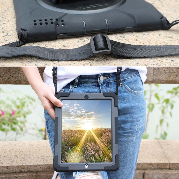360 Degree Rotation Silicone Protective Cover with Holder and Hand Strap and Long Strap for iPad 6 / iPad Air 2(Blue)