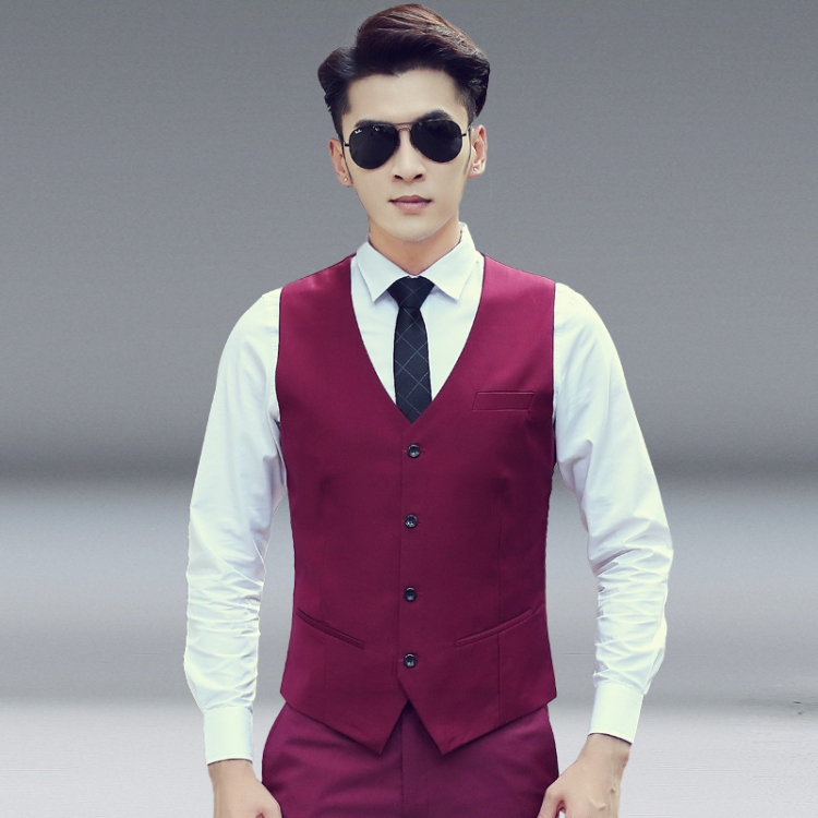 Men Vest Slim Korean Work Clothes Suit Vest Groomsmen Professional Wear Men  Vest, Size: L(Wine red)