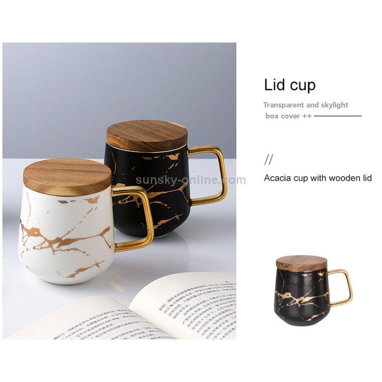 Marble Matte Gold Series Ceramic Tea Cup Coffee Mug With Wooden Lid Or Tray( Black with Lid)