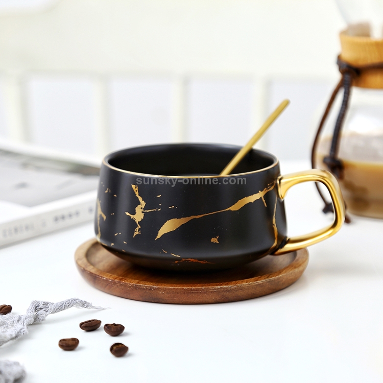 Marble Matte Gold Series Ceramic Tea Cup Coffee Mug With Wooden Lid Or Tray( Black with Tray)