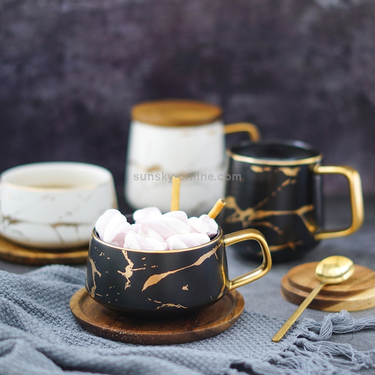 Marble Matte Gold Series Ceramic Tea Cup Coffee Mug With Wooden Lid Or Tray( Black with Tray)