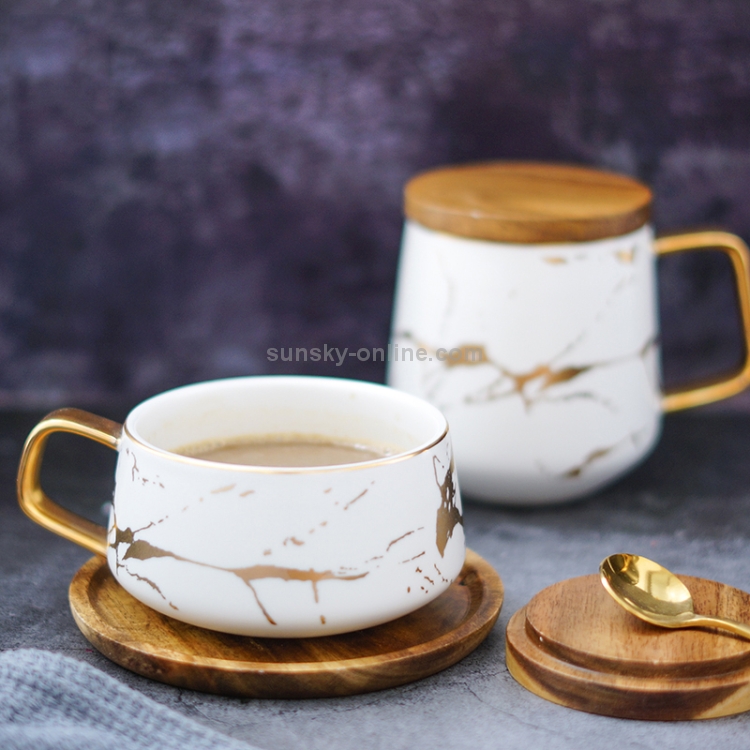 White Faux Marble With Gold Veins Ceramic Tea Pot And Cups With Tray Set For 4 