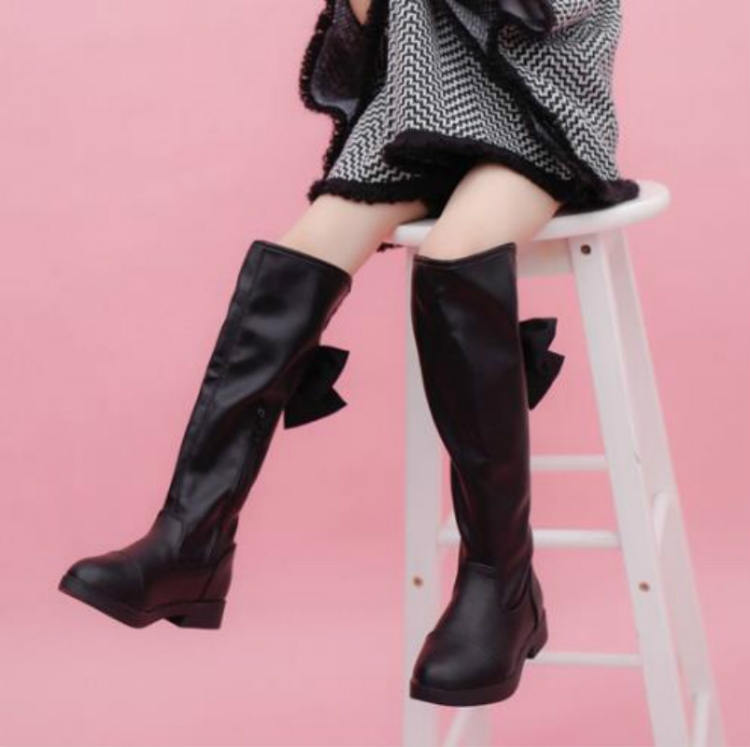 Botas altas negras por encima de la rodilla con lazo para niña, Talla: 34,  Color: Negro con algodón