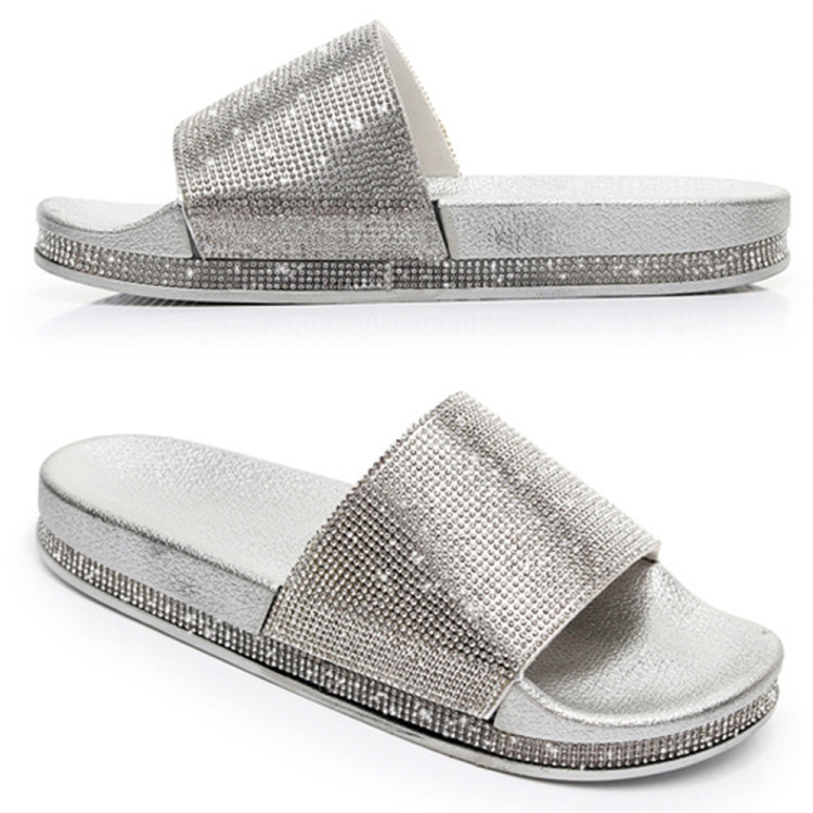 Rhinestone Women Slippers Bling Beach Slides, Size:39(Silver)