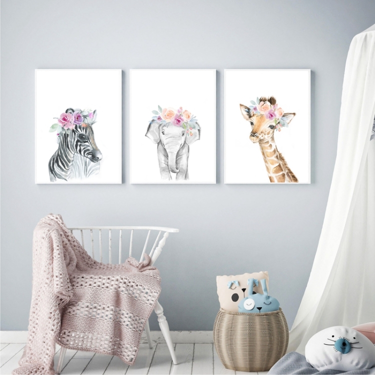 Sunsky Children Room Decoration Painting Cute Animal Head With Flower Frameless Core Size 20x25cm Elephant - Star Home Decor And Accessories Wall Art