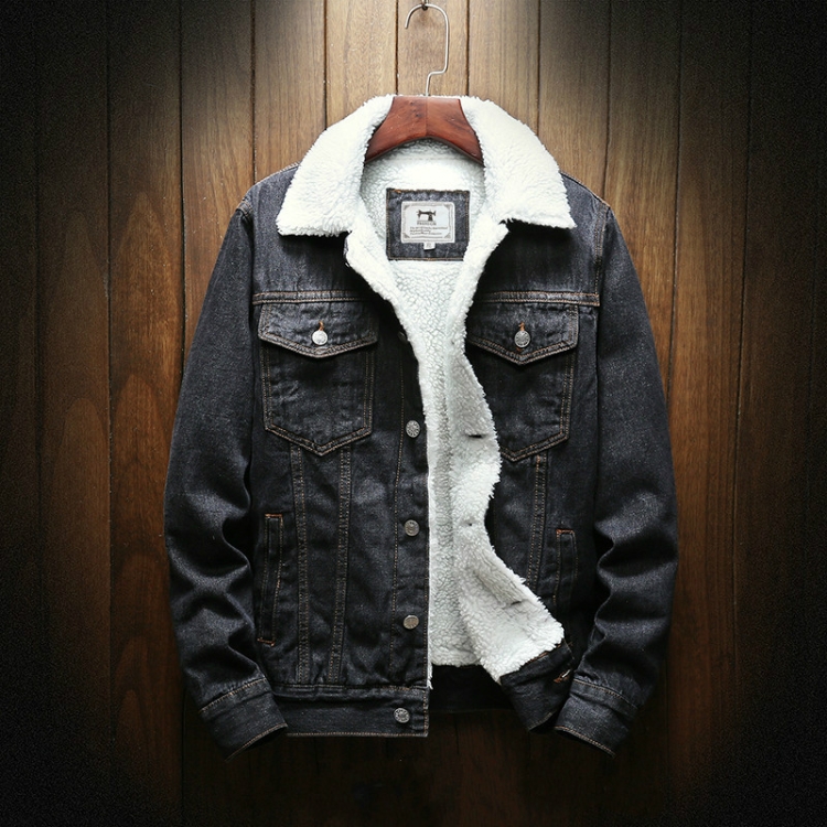 Men Winter Wool Liner Jean Jackets Outerwear Warm Denim Coats,  Size:XXXXXL(Black)
