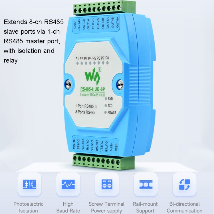 Waveshare RS485-HUB-8P Industrial-grade Isolated 8-ch RS485 Hub, Rail-mount  Support, Wide Baud Rate Range