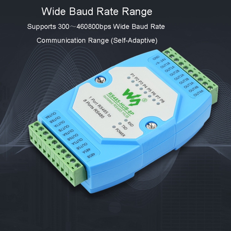 Waveshare RS485-HUB-8P Industrial-grade Isolated 8-ch RS485 Hub, Rail-mount  Support, Wide Baud Rate Range