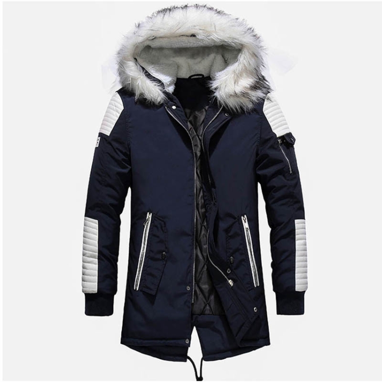 Winter Men Thicken Warm Parkas Casual Long Outwear Hooded Collar Jackets Coats, Size:L(Blue White) - 1