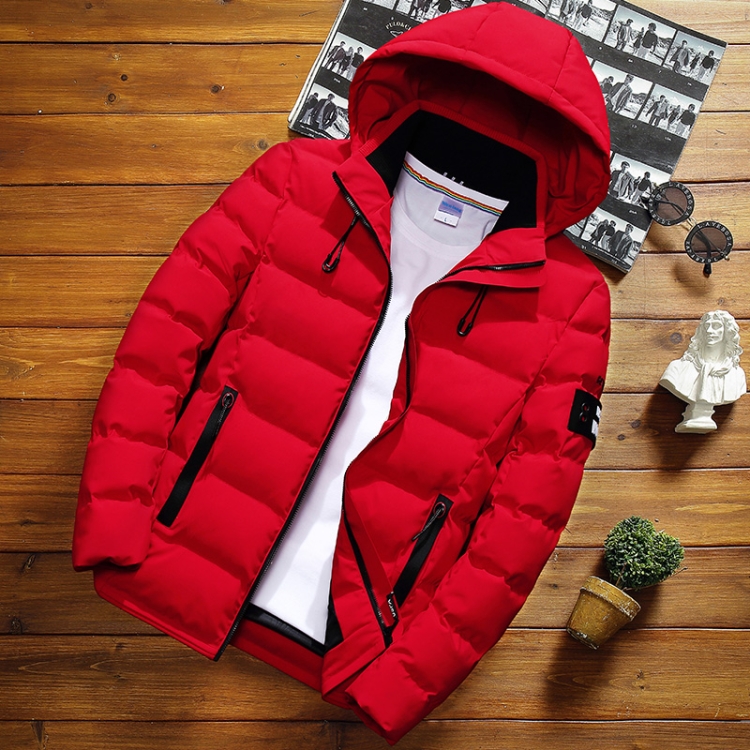 Winter Men Solid Color Short Jacket Slim Warm Hooded Cotton Clothing Casual Youth Down Jacket Size XXL Red