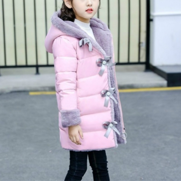 Winter Girls Mid-length Thick Warm Bow-knot Hooded Cotton Clothes