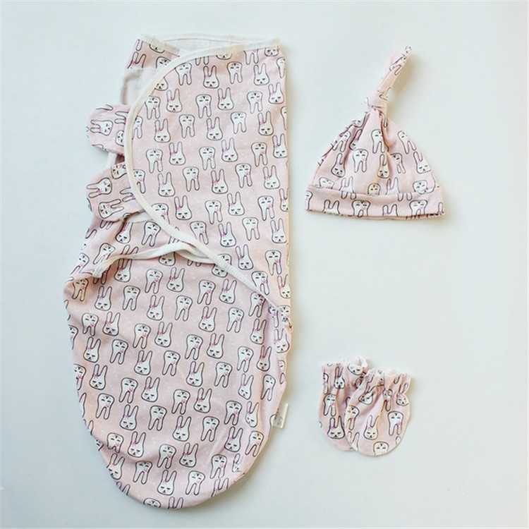 Spring Summer Cotton Baby Infant Bags Towels Sleeping Bags Knitted Cloth Cap Set, Size:S (50x70 CM)(Pink Rabbit)
