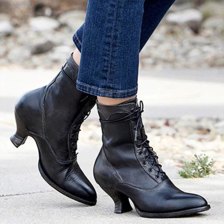 Women High Heels Large Size Lace Boots Fighter Retro PU Leather Round Toe  Shoes, Shoe Size:42(Yellow)